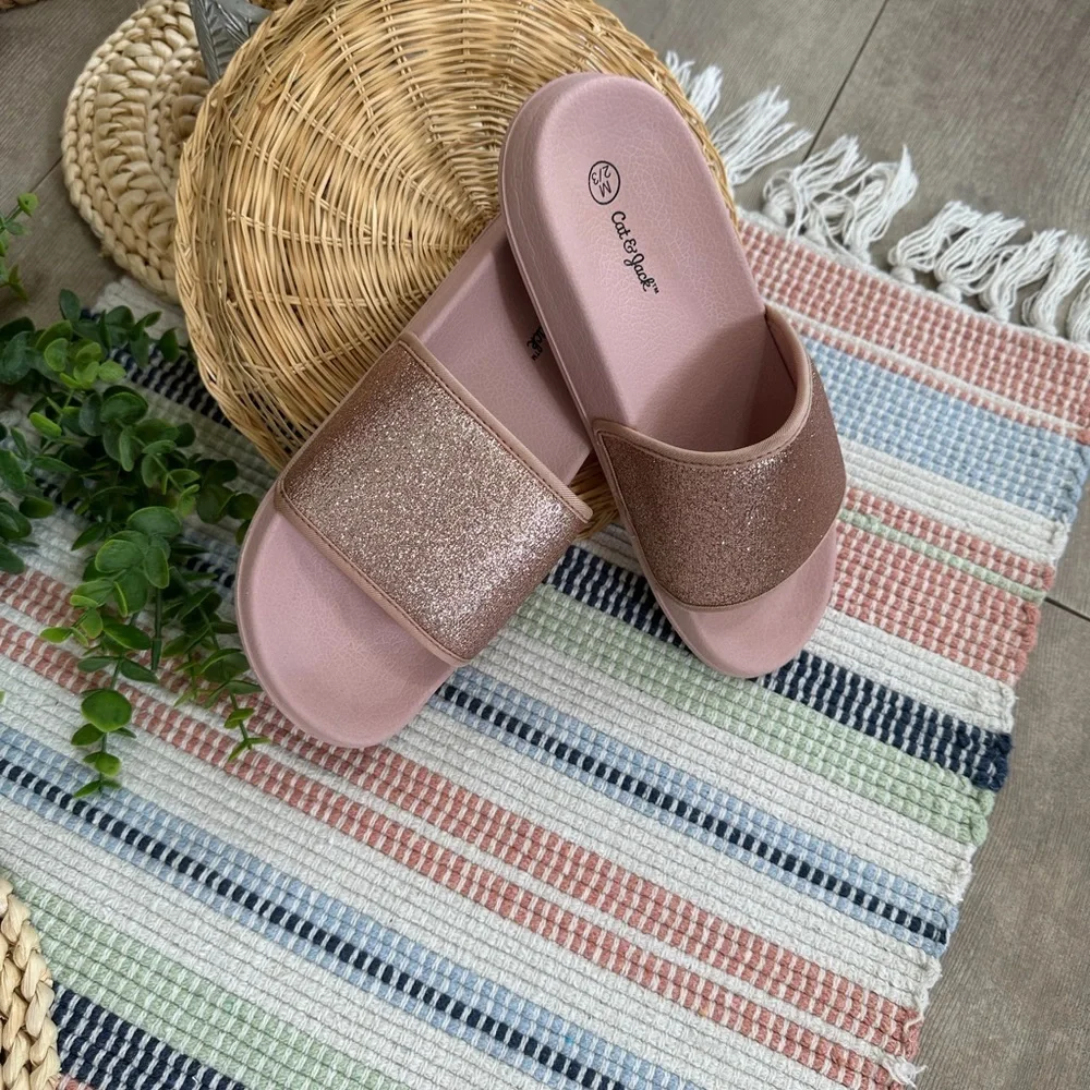 New Cat & Jack Girls Rose Pink Glitter Slide Sandals Size Medium 2/3
